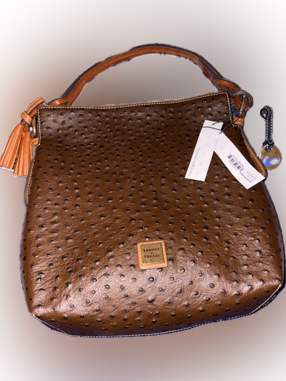 Dooney & Bourke Brown Ostrich-Embossed Leather Hobo Shoulder Bag